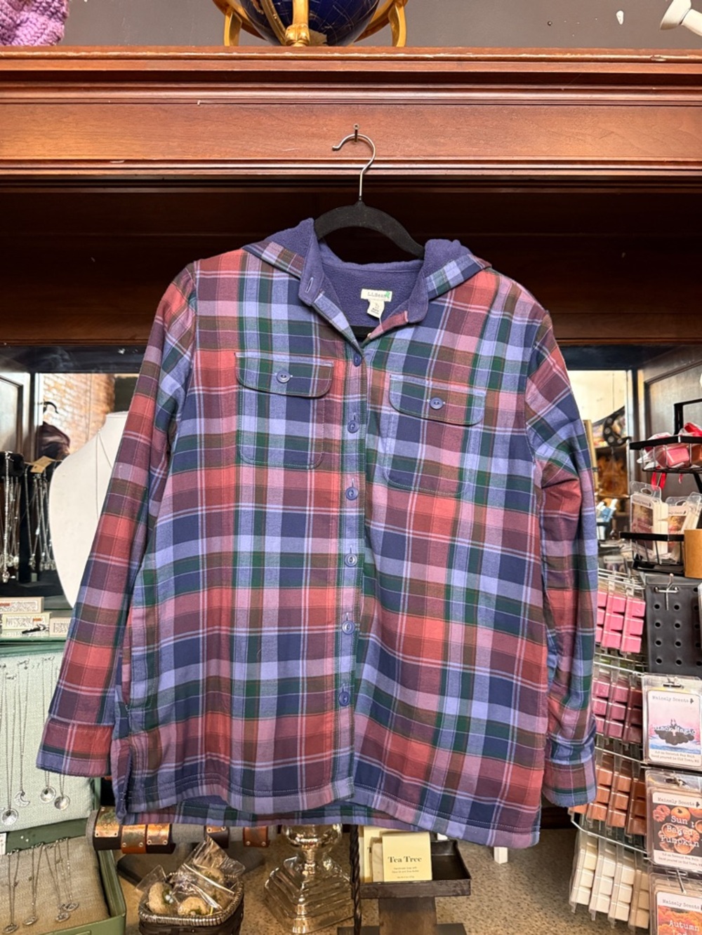 L.L. Bean Plaid Hooded Shirt Jacket in Red, Blue & Green